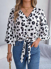 Load image into Gallery viewer, Tied Button Up Leopard V-Neck Blouse