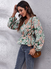 Load image into Gallery viewer, Ruched Printed V-Neck Long Sleeve Blouse