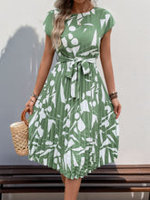 Load image into Gallery viewer, Tied Pleated Printed Cap Sleeve Dress