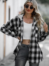Load image into Gallery viewer, Double Take Drawstring Plaid Long Sleeve Hooded Shacket