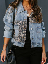 Load image into Gallery viewer, Distressed Leopard Drop Shoulder Denim Jacket
