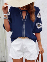 Load image into Gallery viewer, Embroidered Tie Neck Puff Sleeve Blouse