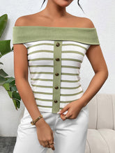 Load image into Gallery viewer, Decorative Button Striped Off-Shoulder Knit Top