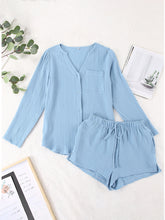 Load image into Gallery viewer, Notched Long Sleeve Top and Shorts Set