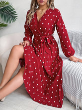 Load image into Gallery viewer, Tied Polka Dot Long Sleeve Midi Dress