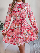 Load image into Gallery viewer, Printed Mock Neck Flounce Sleeve Mini Dress