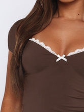 Load image into Gallery viewer, Lace Detail Sweetheart Neck Short Sleeve T-Shirt