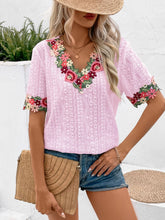 Load image into Gallery viewer, Eyelet Embroidered V-Neck Short Sleeve Blouse