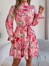 Load image into Gallery viewer, Printed Mock Neck Flounce Sleeve Mini Dress