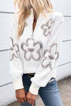 Load image into Gallery viewer, Flower Half Zip Dropped Shoulder Sweater