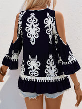 Load image into Gallery viewer, Tassel Printed Tie Neck Cold Shoulder Blouse