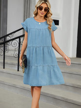 Load image into Gallery viewer, Tiered Round Neck Short Sleeve Denim Dress