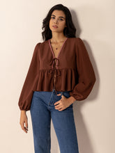 Load image into Gallery viewer, Peplum Tied V-Neck Long Sleeve Blouse