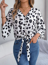 Load image into Gallery viewer, Tied Button Up Leopard V-Neck Blouse