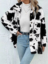 Load image into Gallery viewer, Cow Print Collared Neck Button Up Fuzzy Jacket