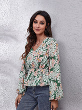 Load image into Gallery viewer, Ruched Printed V-Neck Long Sleeve Blouse