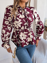 Load image into Gallery viewer, Printed Tie Neck Flounce Sleeve Blouse