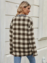 Load image into Gallery viewer, Leopard Trim Plaid Collared Neck Long Sleeve Shirt