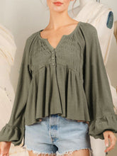 Load image into Gallery viewer, Notched Balloon Sleeve Peplum Blouse