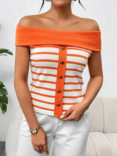 Load image into Gallery viewer, Decorative Button Striped Off-Shoulder Knit Top