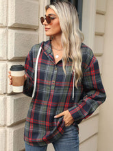 Load image into Gallery viewer, Drawstring Plaid Hooded Long Sleeve Top