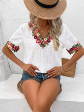 Load image into Gallery viewer, Eyelet Embroidered V-Neck Short Sleeve Blouse