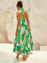 Load image into Gallery viewer, Ruched Printed Halter Neck Sleeveless Dress