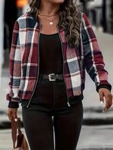 Load image into Gallery viewer, Plus Size Plaid Baseball Collar Zip Up Jacket
