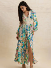 Load image into Gallery viewer, Slit Printed V-Neck Long Sleeve Midi Dress
