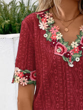 Load image into Gallery viewer, Eyelet Embroidered V-Neck Short Sleeve Blouse