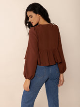 Load image into Gallery viewer, Peplum Tied V-Neck Long Sleeve Blouse