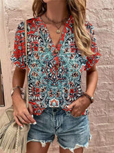 Load image into Gallery viewer, Full Size Printed Notched Short Sleeve Blouse