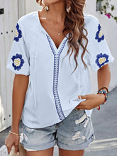 Load image into Gallery viewer, Embroidered Tie Neck Puff Sleeve Blouse