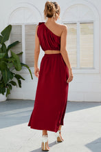 Load image into Gallery viewer, Ruched One Shoulder Top and Slit Skirt Set