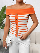 Load image into Gallery viewer, Decorative Button Striped Off-Shoulder Knit Top
