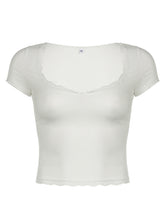 Load image into Gallery viewer, Lace Detail Sweetheart Neck Short Sleeve T-Shirt