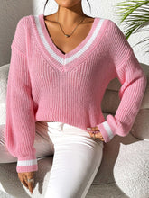 Load image into Gallery viewer, Contrast Trim V-Neck Long Sleeve Sweater