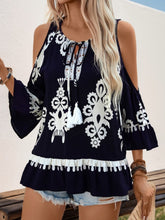 Load image into Gallery viewer, Tassel Printed Tie Neck Cold Shoulder Blouse