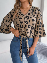 Load image into Gallery viewer, Tied Button Up Leopard V-Neck Blouse