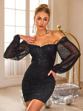 Load image into Gallery viewer, Pearl Trim Sweetheart Neck Long Sleeve Mini Dress