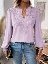 Load image into Gallery viewer, Swiss Dot Lace Detail Notched Long Sleeve Blouse