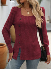 Load image into Gallery viewer, Decorative Button Striped Square Neck Long Sleeve T-Shirt