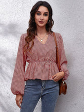 Load image into Gallery viewer, Ruched Printed V-Neck Long Sleeve Blouse