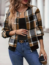 Load image into Gallery viewer, Plus Size Plaid Baseball Collar Zip Up Jacket