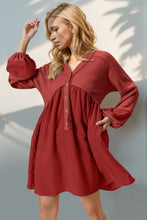 Load image into Gallery viewer, Double Take Waffle-Knit Contrast Half Button V-Neck Long Sleeve Mini Dress