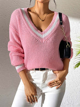 Load image into Gallery viewer, Contrast Trim V-Neck Long Sleeve Sweater