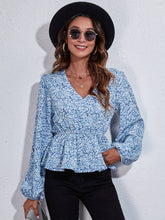 Load image into Gallery viewer, Ruched Printed V-Neck Long Sleeve Blouse