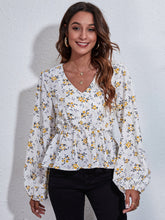 Load image into Gallery viewer, Ruched Printed V-Neck Long Sleeve Blouse