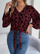 Load image into Gallery viewer, Tied Button Up Leopard V-Neck Blouse