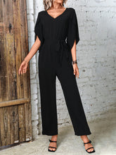 Load image into Gallery viewer, Tied V-Neck Half Sleeve Wide Leg Jumpsuit